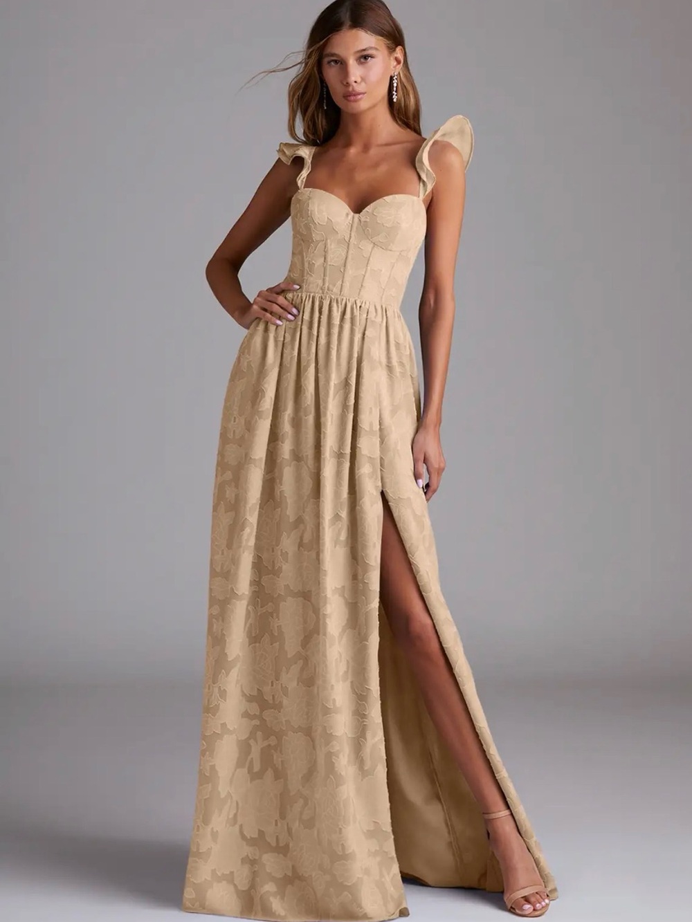Azazie Cream Ruffle-Shoulder Maxi Dress
